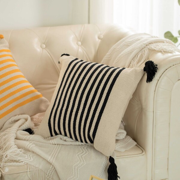 16 Handwoven Cotton Throw Pillow Cover With Striped Lines, Black